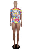 White Blue Yellow purple colour O Neck Short Sleeve Patchwork Print Character Tops