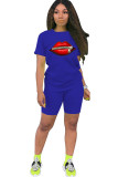 Red Fashion Casual adult Ma'am Print Two Piece Suits Lips Print Straight Short Sleeve Two Pieces
