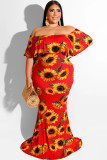 Red Fashion Sexy adult One word collar Print Floral Floral