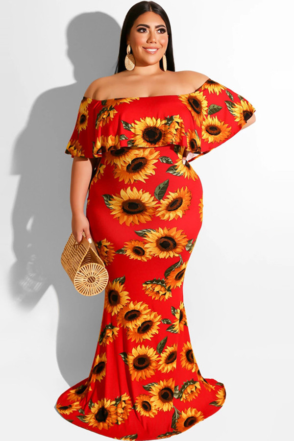 Red Fashion Sexy adult One word collar Print Floral Floral