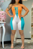 Blue Sexy Casual Patchwork Backless Strap Design Strapless Skinny Romper