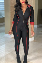 Black Casual Acetate Fiber Solid Zipper Collar Skinny Jumpsuits