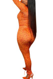 Orange Fashion Sexy Adult Print O Neck Long Sleeve Cap Sleeve Two Pieces
