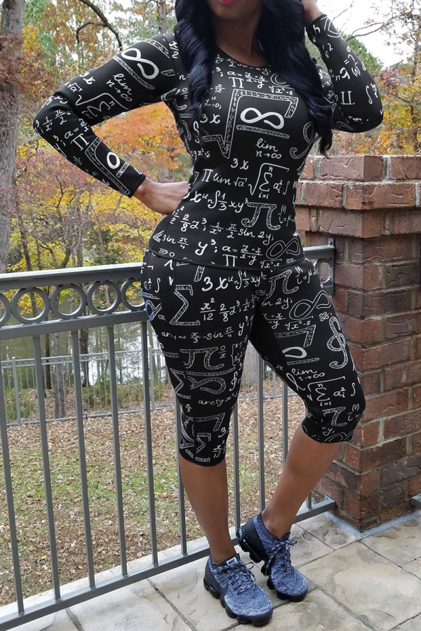Black Casual Print Letter O Neck Long Sleeve Two Pieces
