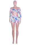 White Sexy Fashion ruffle Print Two Piece Suits asymmetrical Floral crop top Regular Three Quart