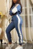 Blue Casual Patchwork Patchwork Zipper Collar Long Sleeve Regular Sleeve Two Pieces