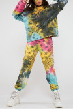 Blue Sportswear Spandex Blends Print Draw String Tie-dye Hooded Collar Long Sleeve Regular Sleeve Regular Two Pieces