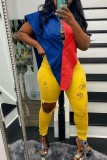 Red Yellow Fashion Casual Patchwork Asymmetrical Turndown Collar Tops