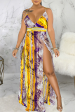 Purple Sexy Print High Opening Spaghetti Strap Straight Dresses