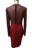 Burgundy Street Print See-through Mesh O Neck Pencil Skirt Dresses