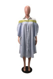 Black and white Fashion Casual Bubble sleeves Half Sleeves Mandarin Collar Asymmetrical Knee-Length fastener Patchwo
