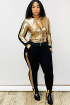 Gold Fashion Active adult Patchwork Sequin Gradient Two Piece Suits pencil Long Sleeve Two Pieces