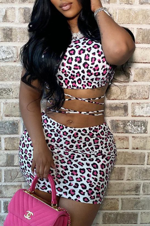 Pink Sexy Leopard Patchwork Spaghetti Strap Sleeveless Two Pieces