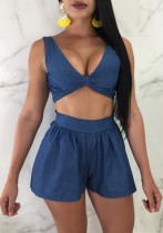 Blue Plain Low Waist Two-piece suit