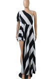 Red Street Striped Print Patchwork Asymmetrical Oblique Collar Irregular Dress Dresses
