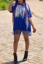 Blue Sexy Casual Blends Letter Patchwork Print Tassel Patchwork Basic O Neck Short Sleeve Mini T-shirt Dress Dresses