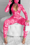 Rose Red Sexy Print Tie-dye O Neck Regular Jumpsuits