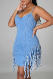 Light Blue Fashion Sexy Solid Tassel Backless Spaghetti Strap Denim Dress