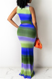 Blue Fashion Sexy Print Basic Half A Turtleneck Sleeveless Dress