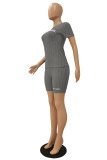 Grey Fashion Casual Letter Embroidered O Neck Short Sleeve Two Pieces