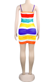 Multicolor Sexy Striped Patchwork Spaghetti Strap A Line Dresses