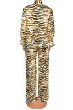 Leopard Print Casual Leopard Patchwork Turndown Collar Plus Size Two Pieces