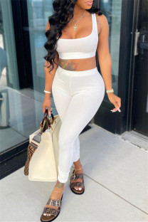 White Casual Sportswear Solid Backless Boat Neck Sleeveless Two Pieces