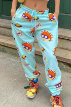 Light Blue Fashion Sportswear Adult Character Print Straight Bottoms