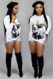 White O Neck Long Sleeve Print Tees & T-shirts