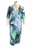 Multicolor Fashion Casual Plus Size Print Basic V Neck Dress