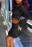 Black Fashion Sexy Solid Leopard Patchwork V Neck Long Sleeve Two Pieces