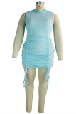 Blue Fashion Casual Plus Size Solid Fold O Neck Sleeveless Dress