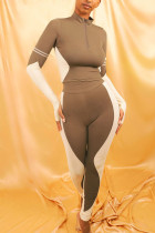 Khaki Sportswear Solid Patchwork Zipper Collar Long Sleeve Two Pieces