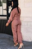 Deep pink Casual Two Piece Suits contrast color Solid Straight Long Sleeve Two-piece Pants Set