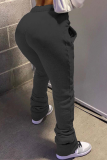 Grey Casual Solid Fold Straight Mid Waist Straight Bottoms