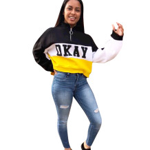 Black Mandarin Collar Patchwork Print Print Sweats & Hoodies