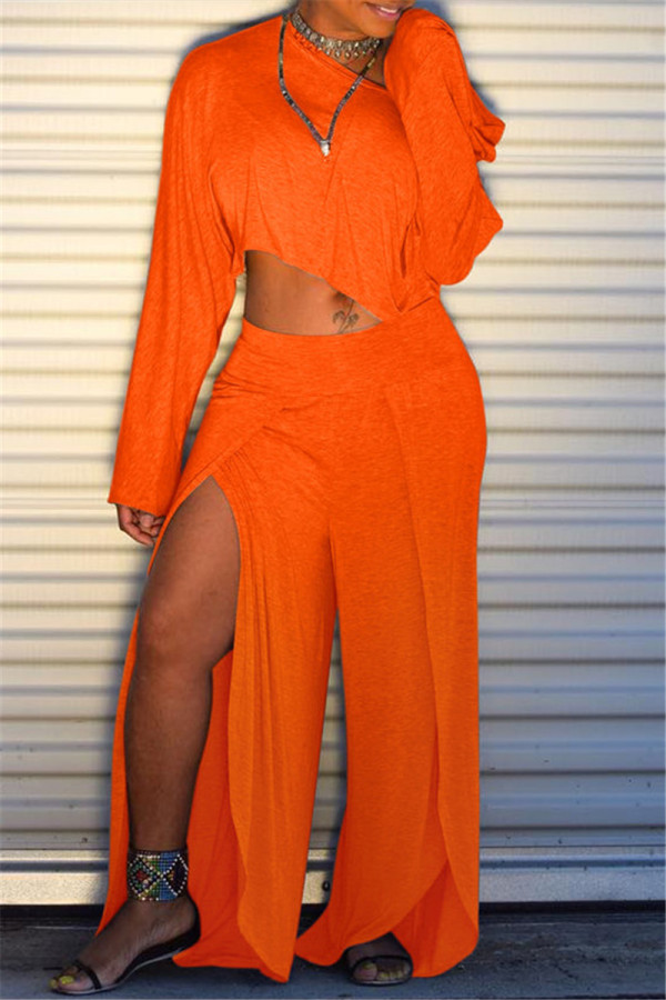 Orange Fashion Casual Solid Patchwork Slit Oblique Collar Long Sleeve Two Pieces