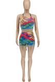 Multicolor Sexy Print Patchwork Frenulum Backless Swimwears