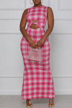 Pink Fashion Sexy Print Hollowed Out O Neck Vest Dress