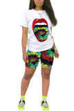Green Fashion Sexy adult Ma'am O Neck Patchwork Print Tie Dye Two Piece Suits Stitching Plus Size