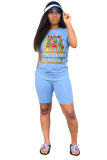 Fluorescent green Fashion Casual adult Letter Patchwork Print Two Piece Suits Straight Short Sleeve Two Pieces