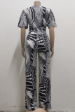 Black And White Sexy Print Patchwork V Neck Short Sleeve Two Pieces