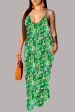 Blue Sexy Print Patchwork Spaghetti Strap Straight Dresses