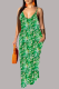 Green Sexy Print Patchwork Spaghetti Strap Straight Dresses
