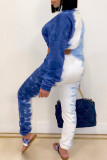 Blue Casual Print Patchwork Zipper Collar Long Sleeve Two Pieces