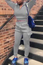 Grey Fashion Casual Patchwork Solid Patchwork Turndown Collar Long Sleeve Two Pieces