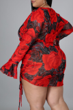 Red Casual Patchwork V Neck Plus Size Two Pieces