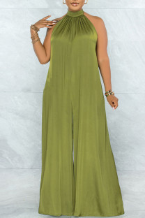 Green Elegant Solid Patchwork Backless Halter Loose Jumpsuits