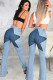 Light Blue Denim Button Fly Zipper Fly High washing Patchwork Zippered Boot Cut Pants 
