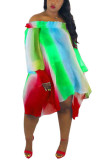 Green Fashion Casual One word collar Print Plus Size